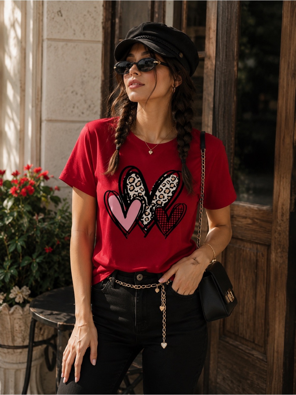 Red Heart Graphic Tee Casual Cute Valentine Top medium
